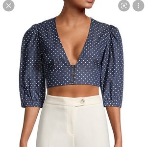 Navy BCBG polka dot deep-v crop top